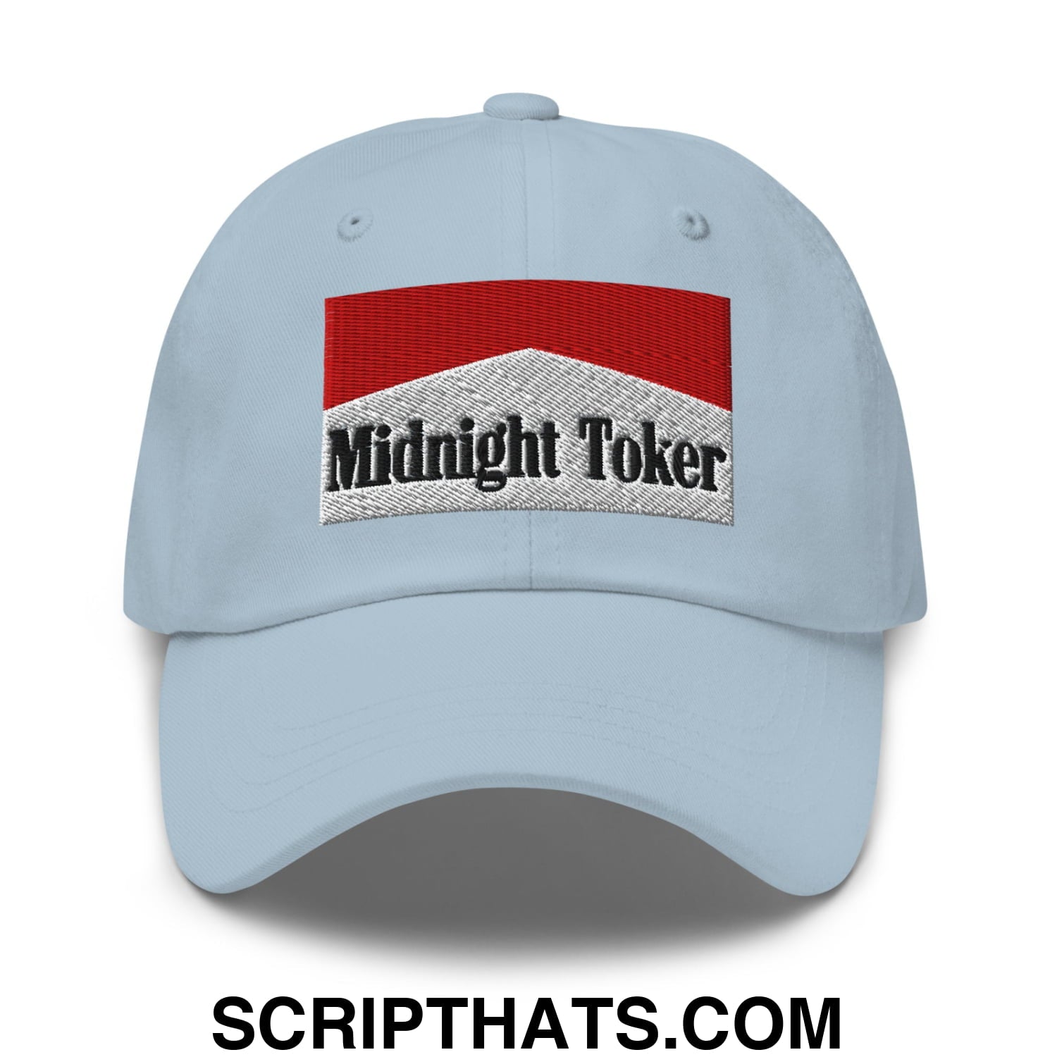 Midnight Toker Cigarette Red Embroidered Unstructured Dad Hat Light Blue
