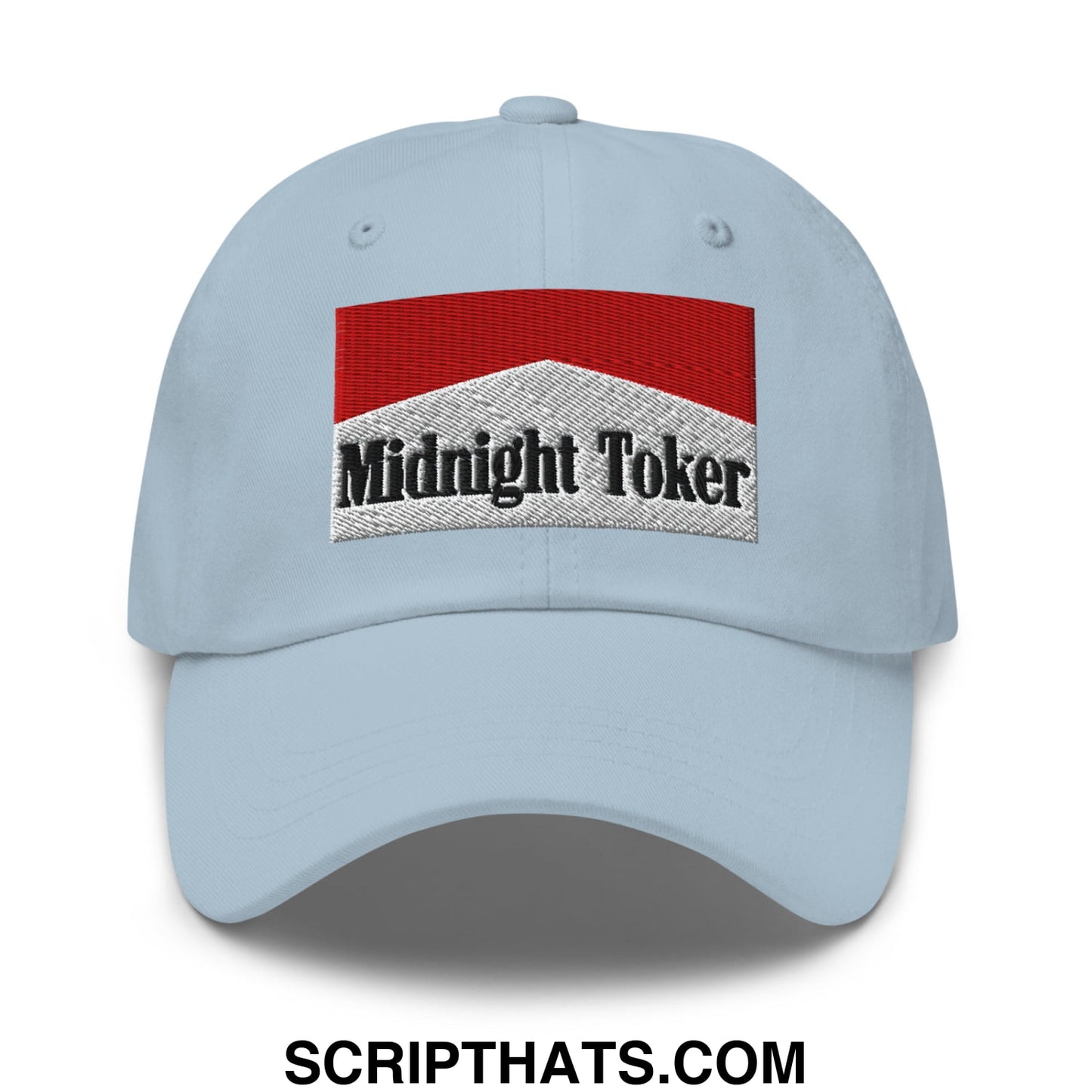 Midnight Toker Cigarette Red Embroidered Unstructured Dad Hat Light Blue