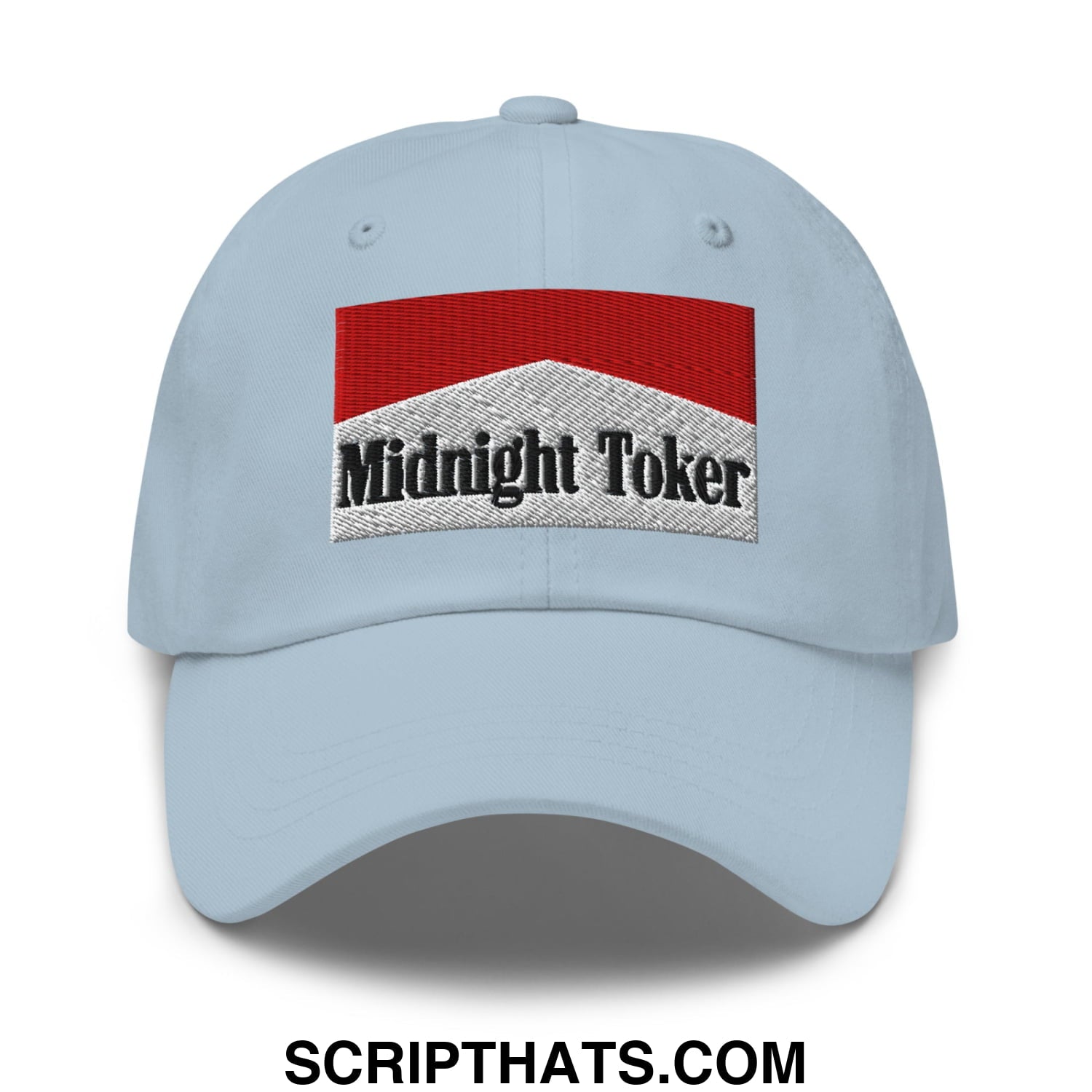 Midnight Toker Cigarette Red Embroidered Unstructured Dad Hat Light Blue