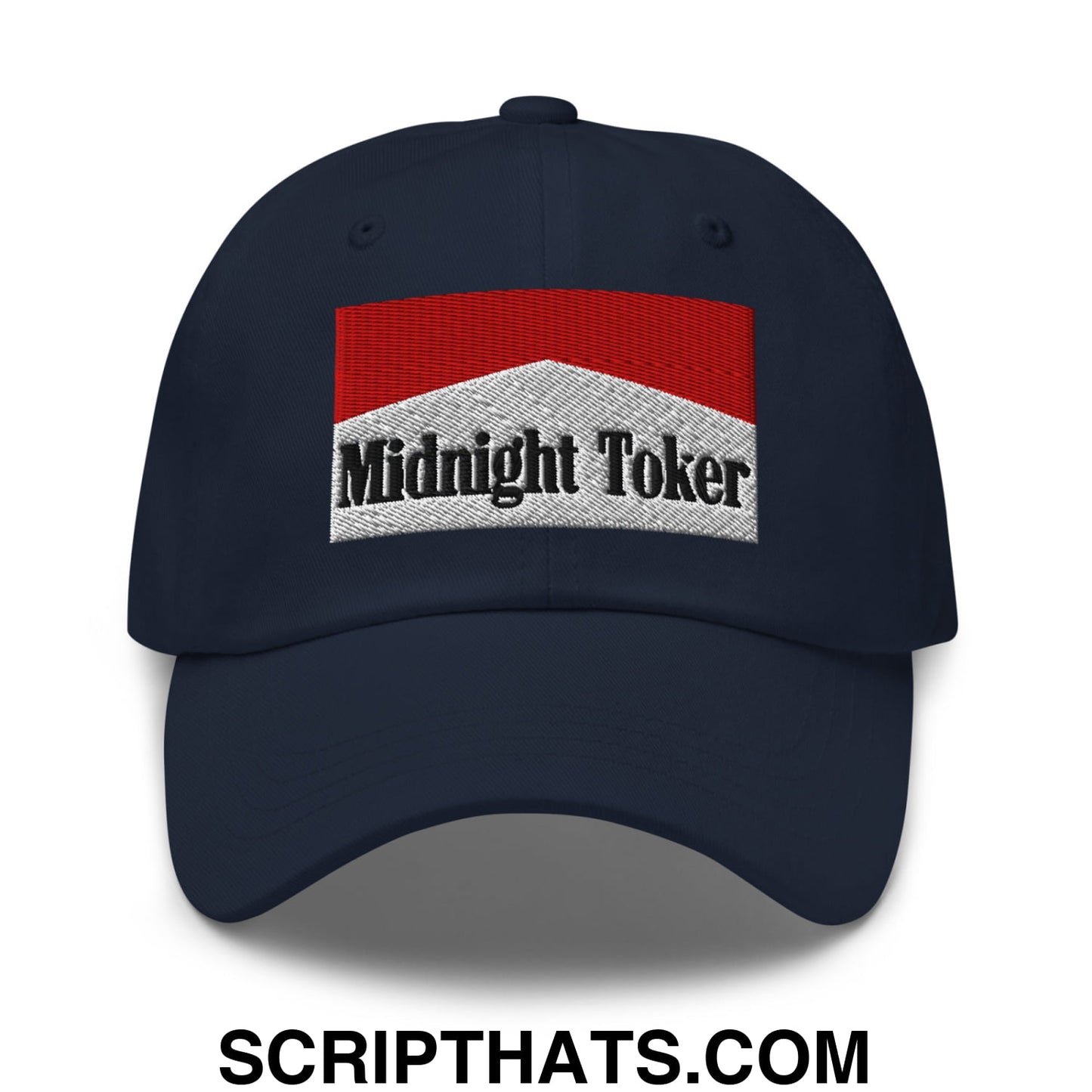 Midnight Toker Cigarette Red Embroidered Unstructured Dad Hat Navy