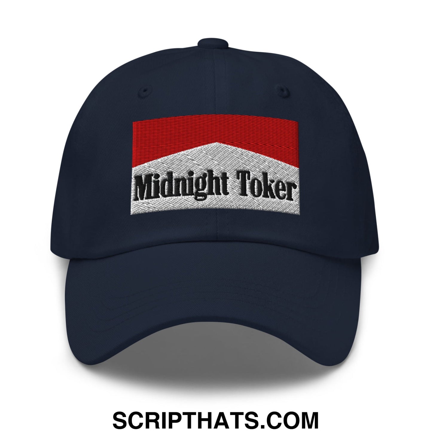 Midnight Toker Cigarette Red Embroidered Unstructured Dad Hat Navy
