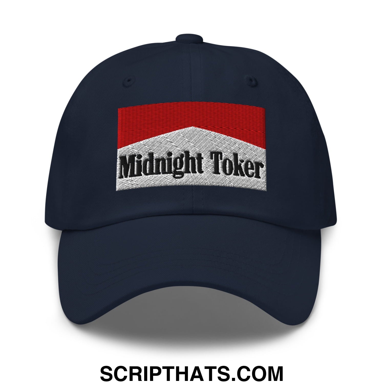 Midnight Toker Cigarette Red Embroidered Unstructured Dad Hat Navy