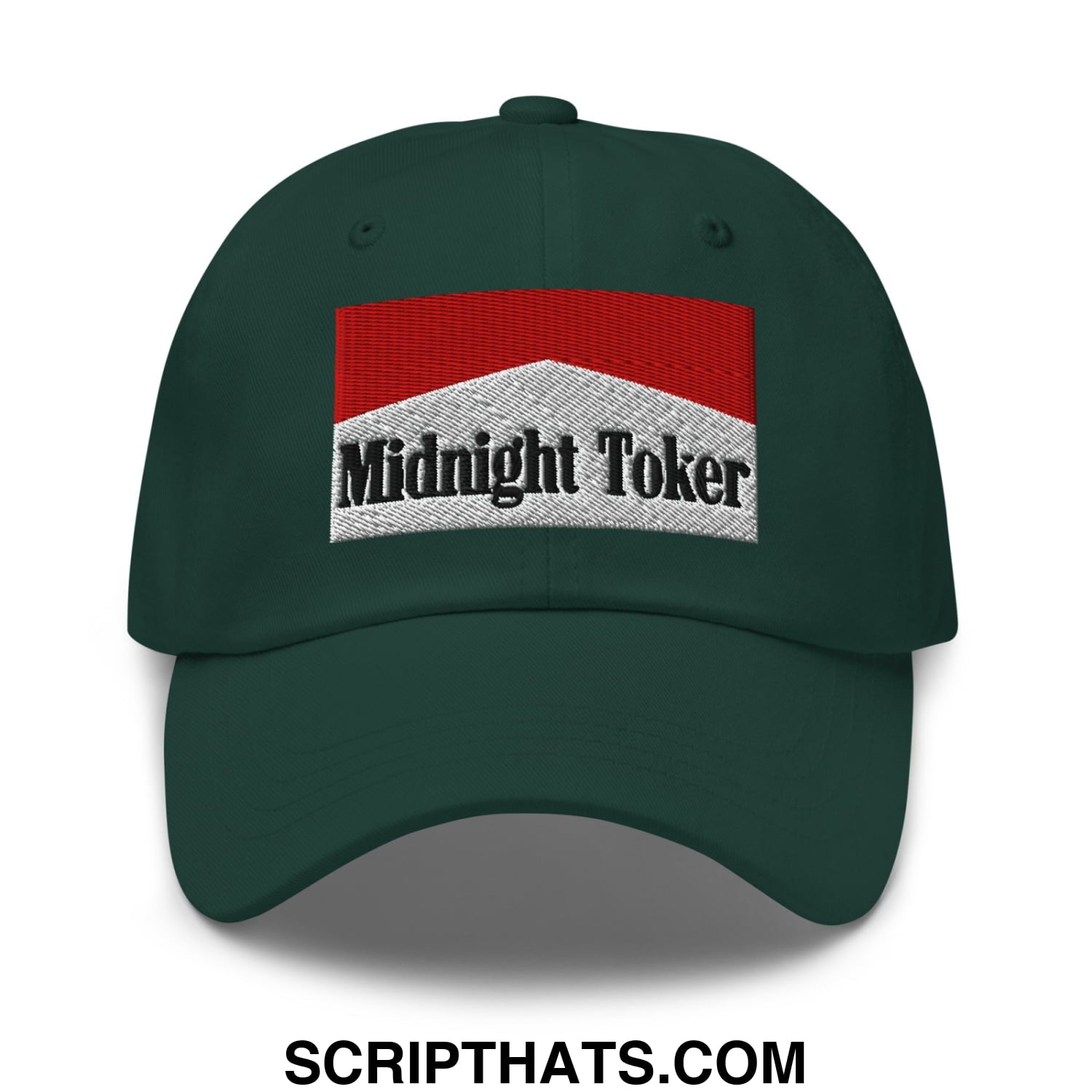 Midnight Toker Cigarette Red Embroidered Unstructured Dad Hat Spruce