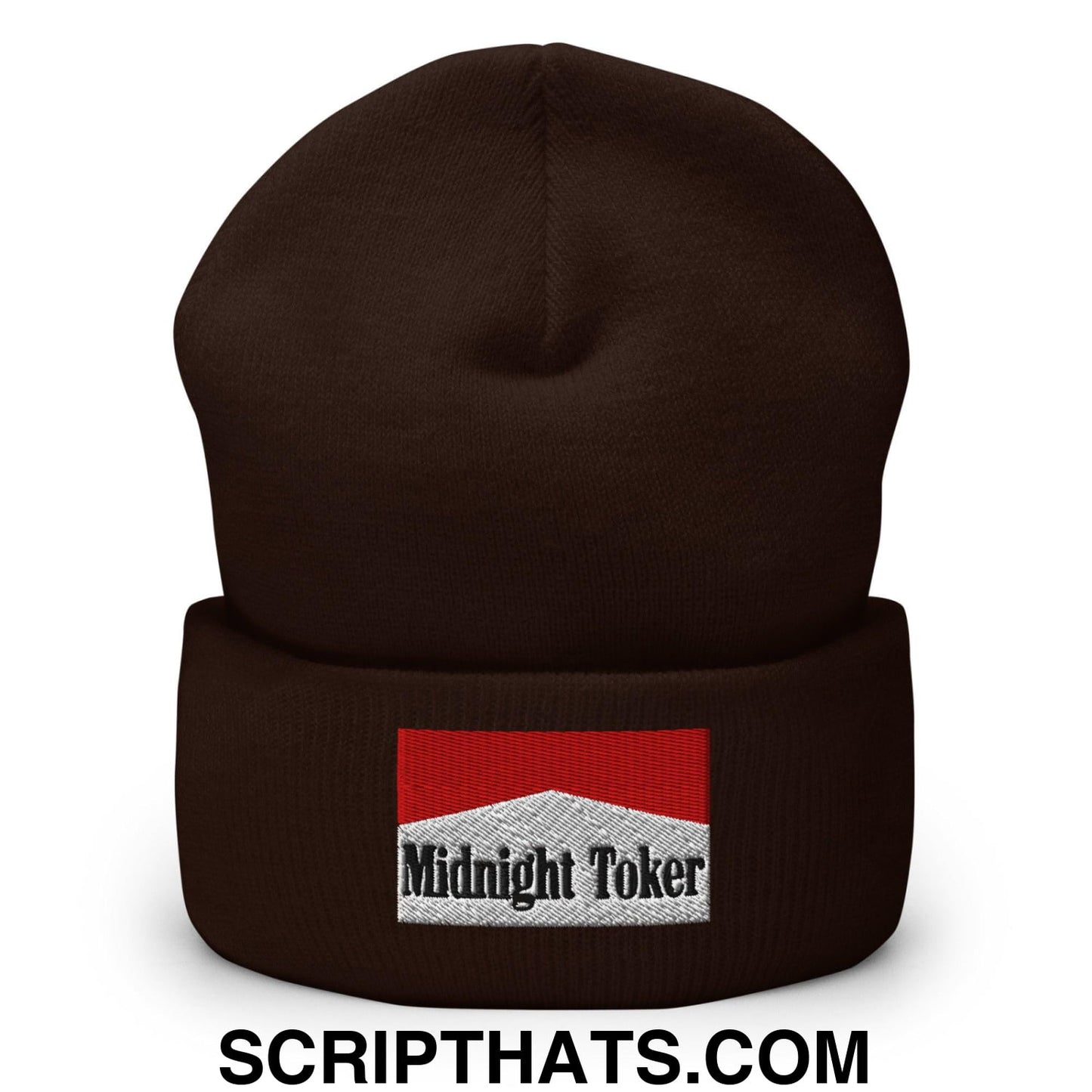 Midnight Toker Embroidered Knit Cuffed Beanie Brown