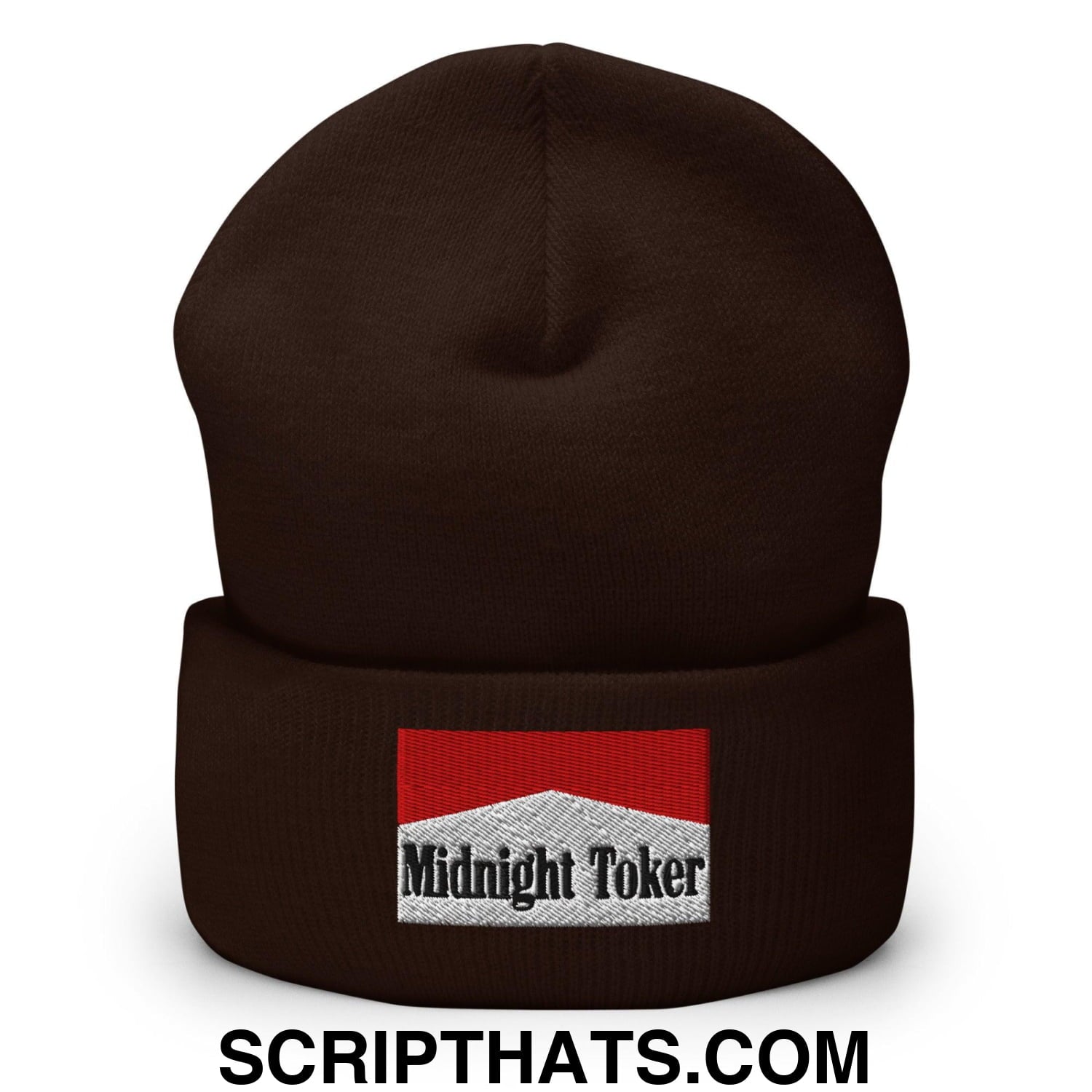 Midnight Toker Embroidered Knit Cuffed Beanie Brown