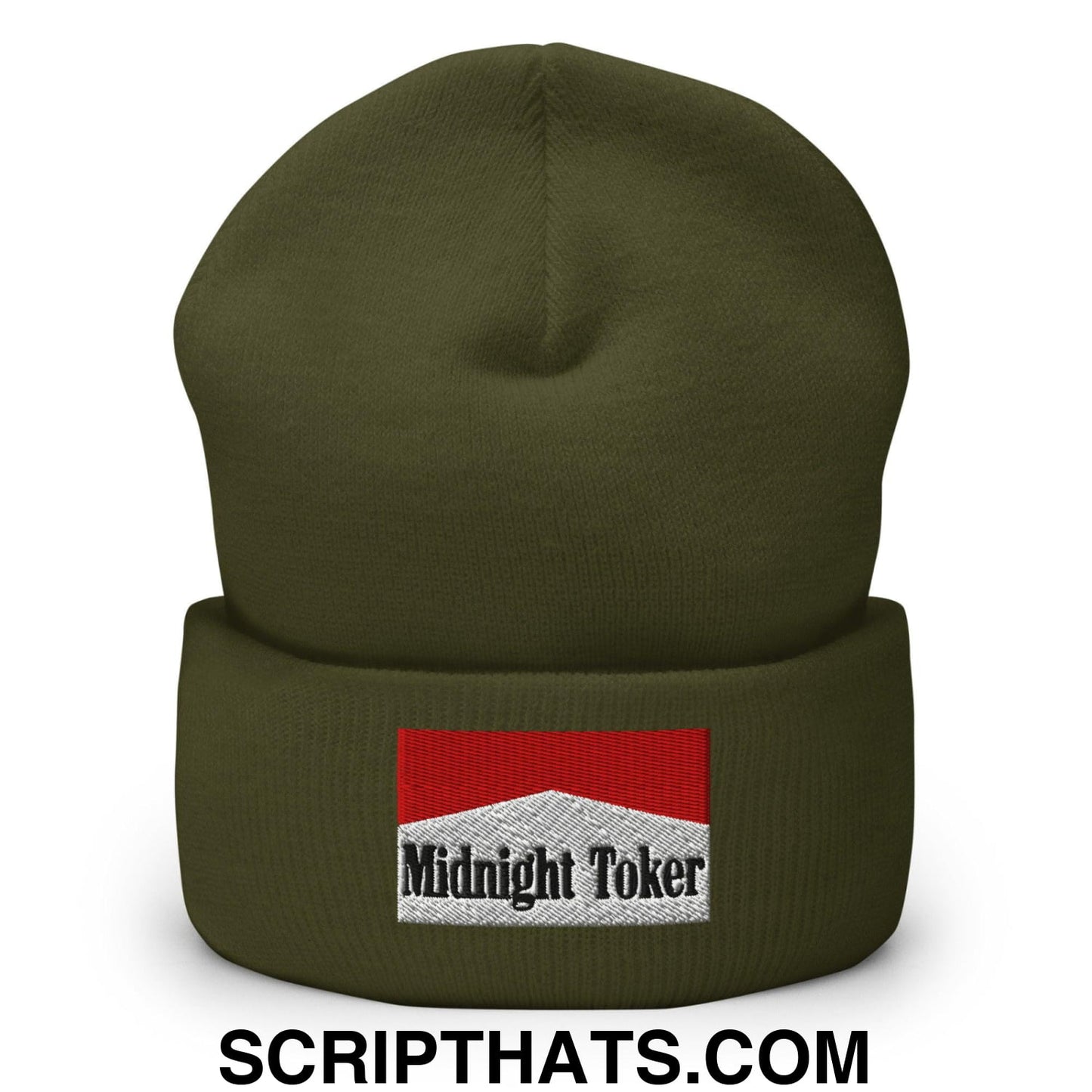 Midnight Toker Embroidered Knit Cuffed Beanie Olive
