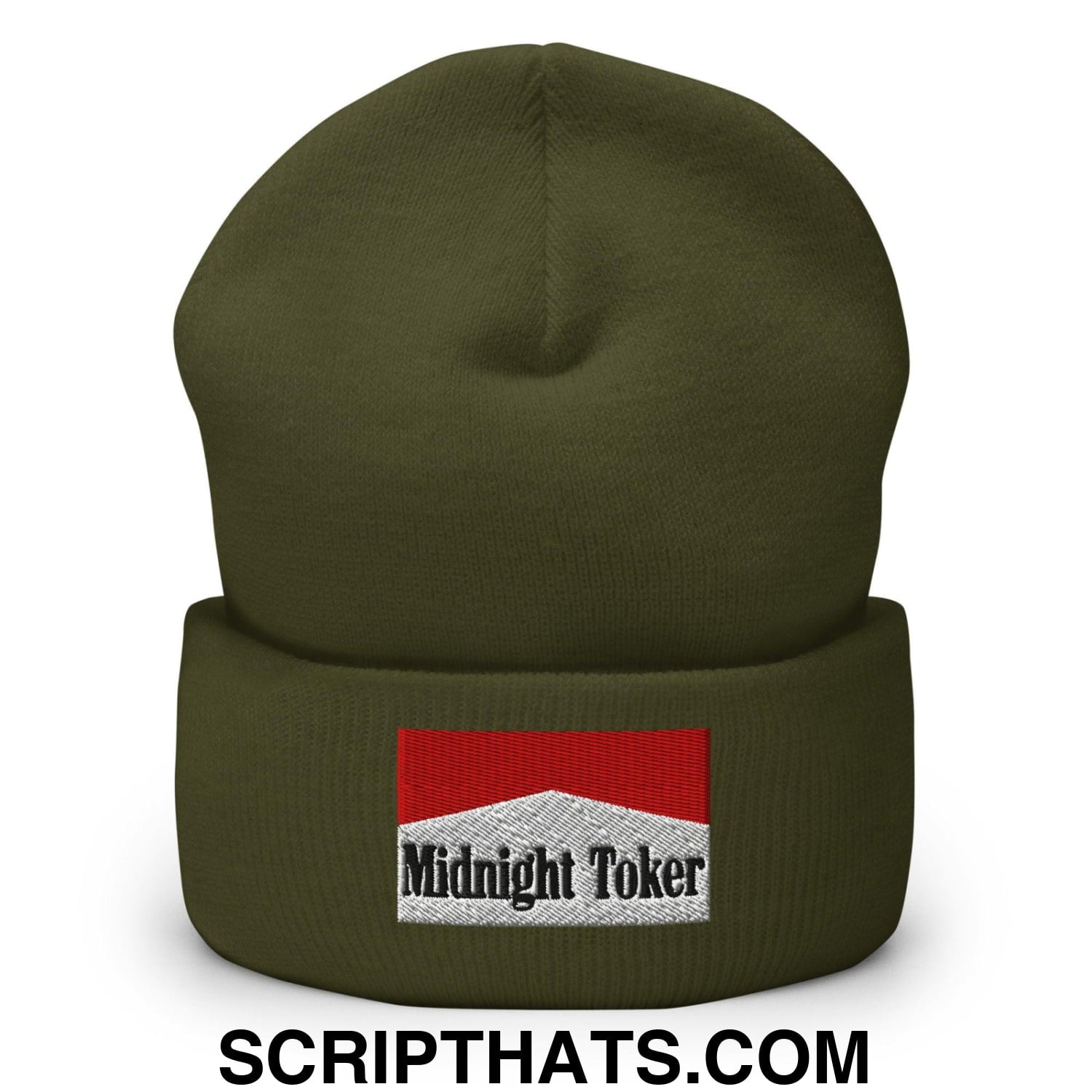 Midnight Toker Embroidered Knit Cuffed Beanie Olive