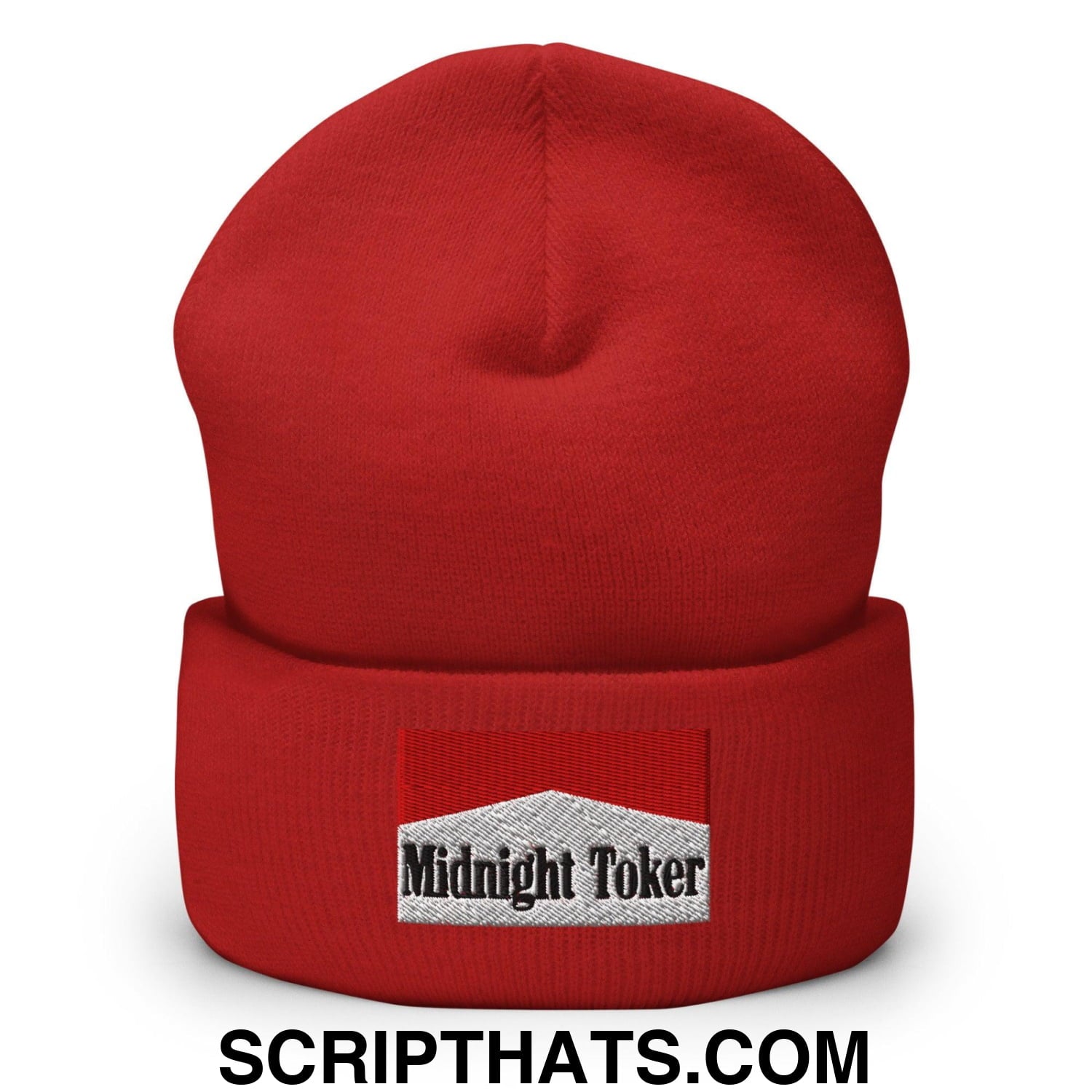 Midnight Toker Embroidered Knit Cuffed Beanie Red