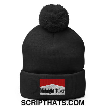 Midnight Toker Embroidered Knit Pom Pom Beanie Black