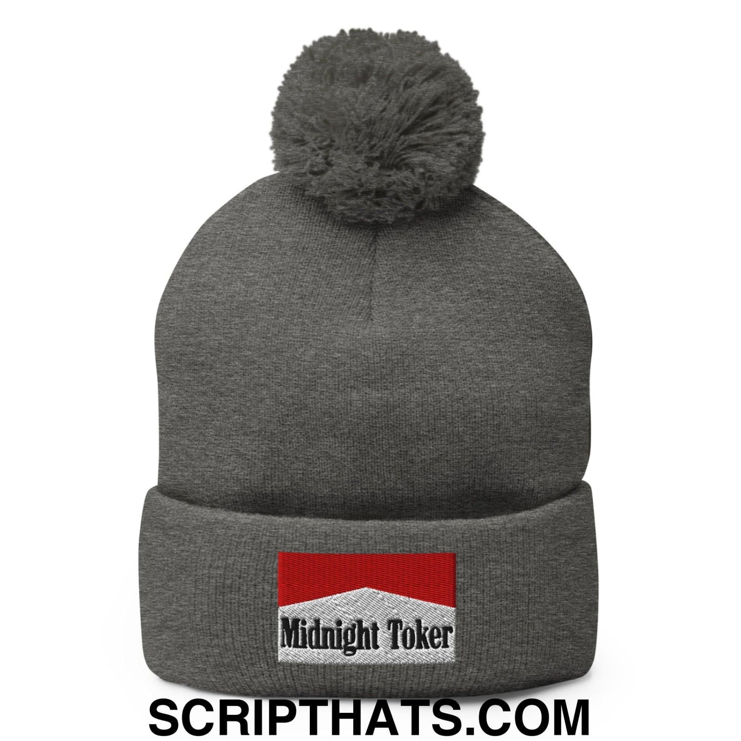 Midnight Toker Embroidered Knit Pom Pom Beanie Dark Heather Grey