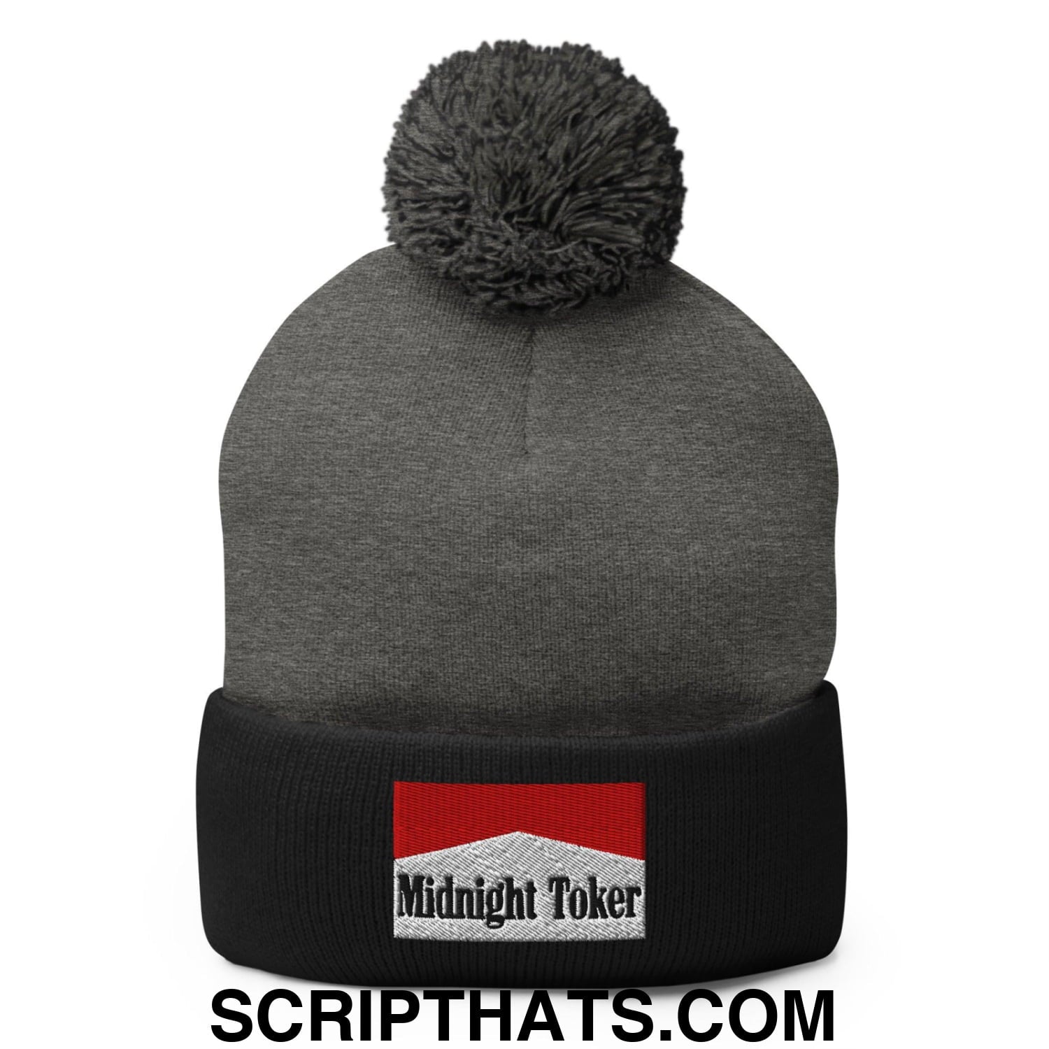 Midnight Toker Embroidered Knit Pom Pom Beanie Dark Heather Grey Black