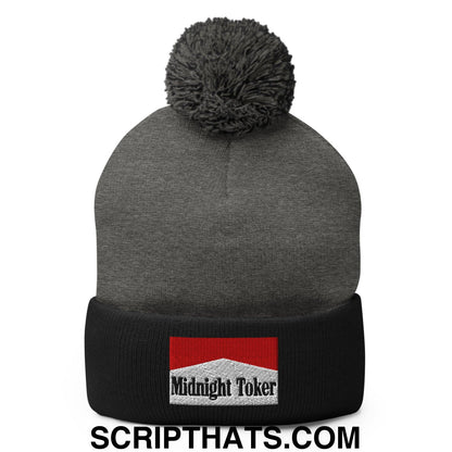 Midnight Toker Embroidered Knit Pom Pom Beanie Dark Heather Grey Black