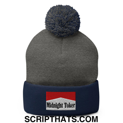 Midnight Toker Embroidered Knit Pom Pom Beanie Dark Heather Grey Navy