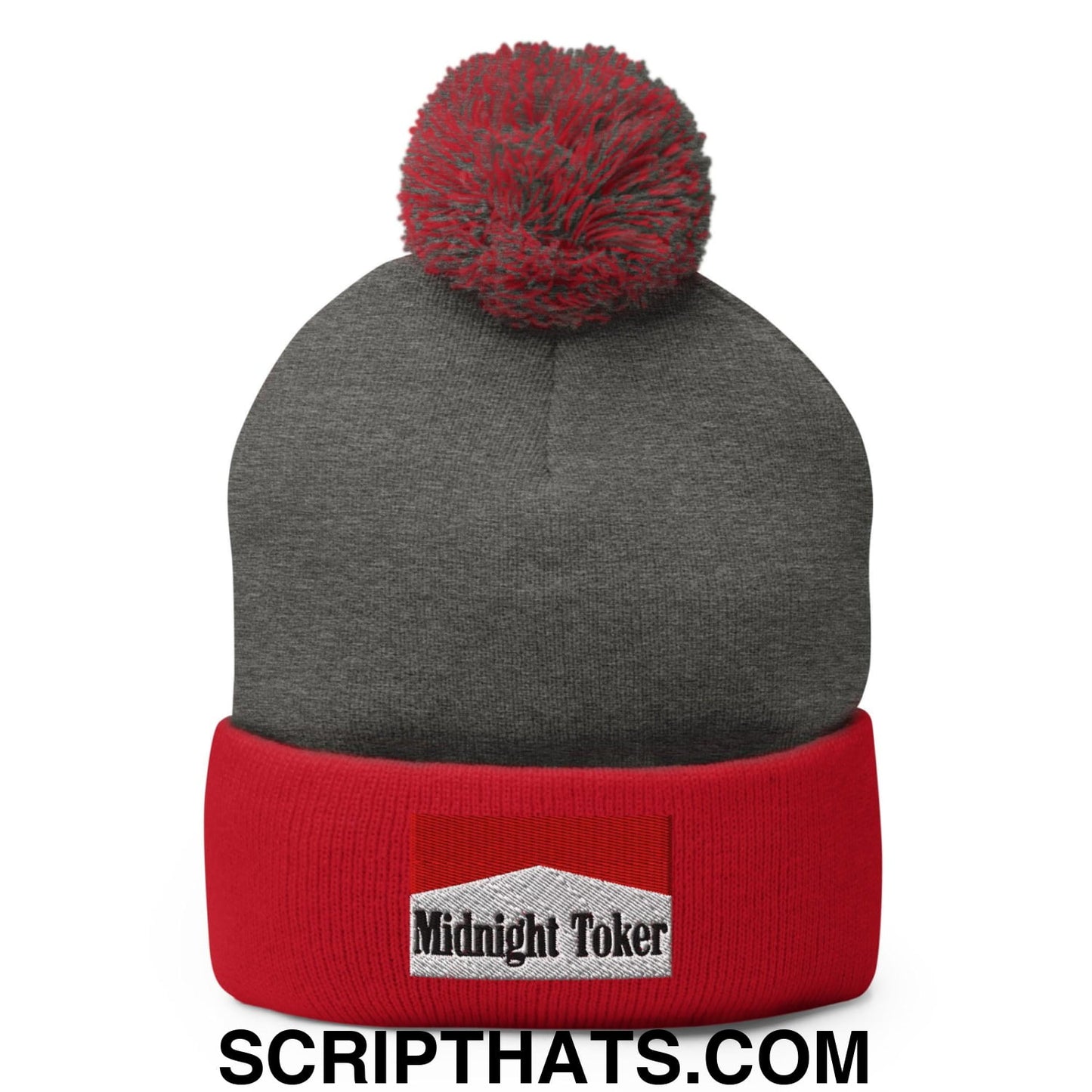 Midnight Toker Embroidered Knit Pom Pom Beanie Dark Heather Grey Red