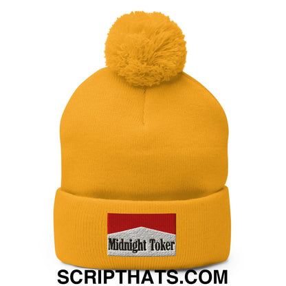 Midnight Toker Embroidered Knit Pom Pom Beanie Gold