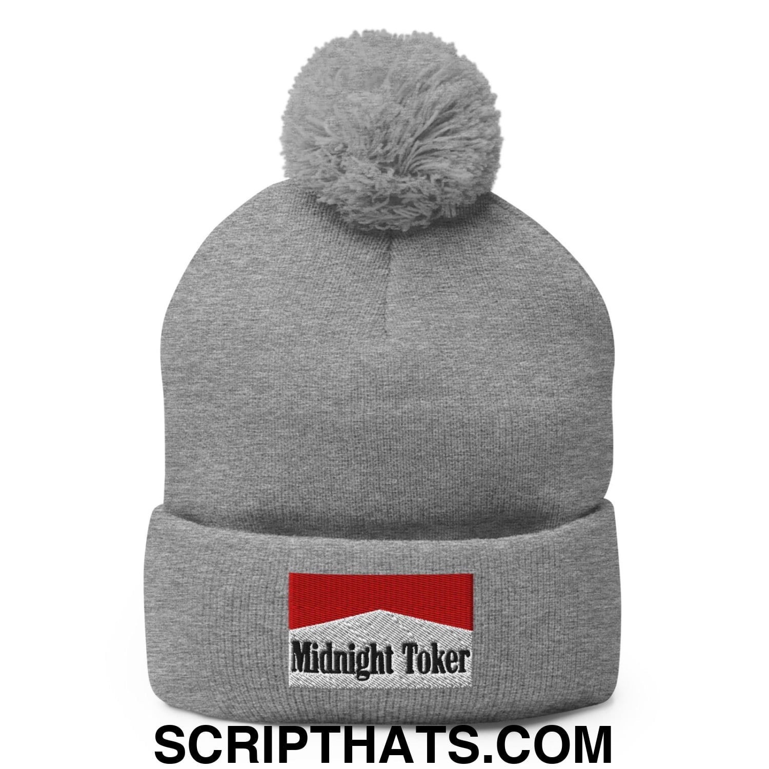 Midnight Toker Embroidered Knit Pom Pom Beanie Heather Grey