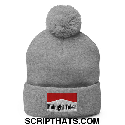 Midnight Toker Embroidered Knit Pom Pom Beanie Heather Grey