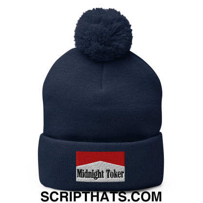 Midnight Toker Embroidered Knit Pom Pom Beanie Navy