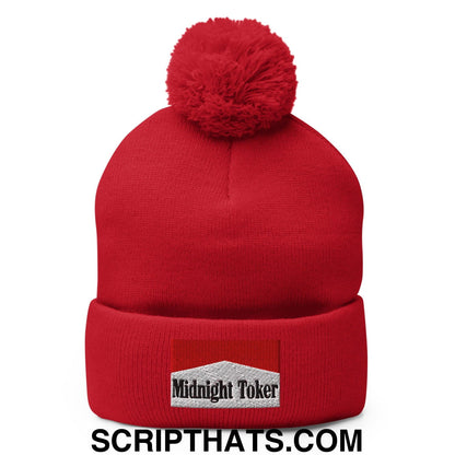 Midnight Toker Embroidered Knit Pom Pom Beanie Red