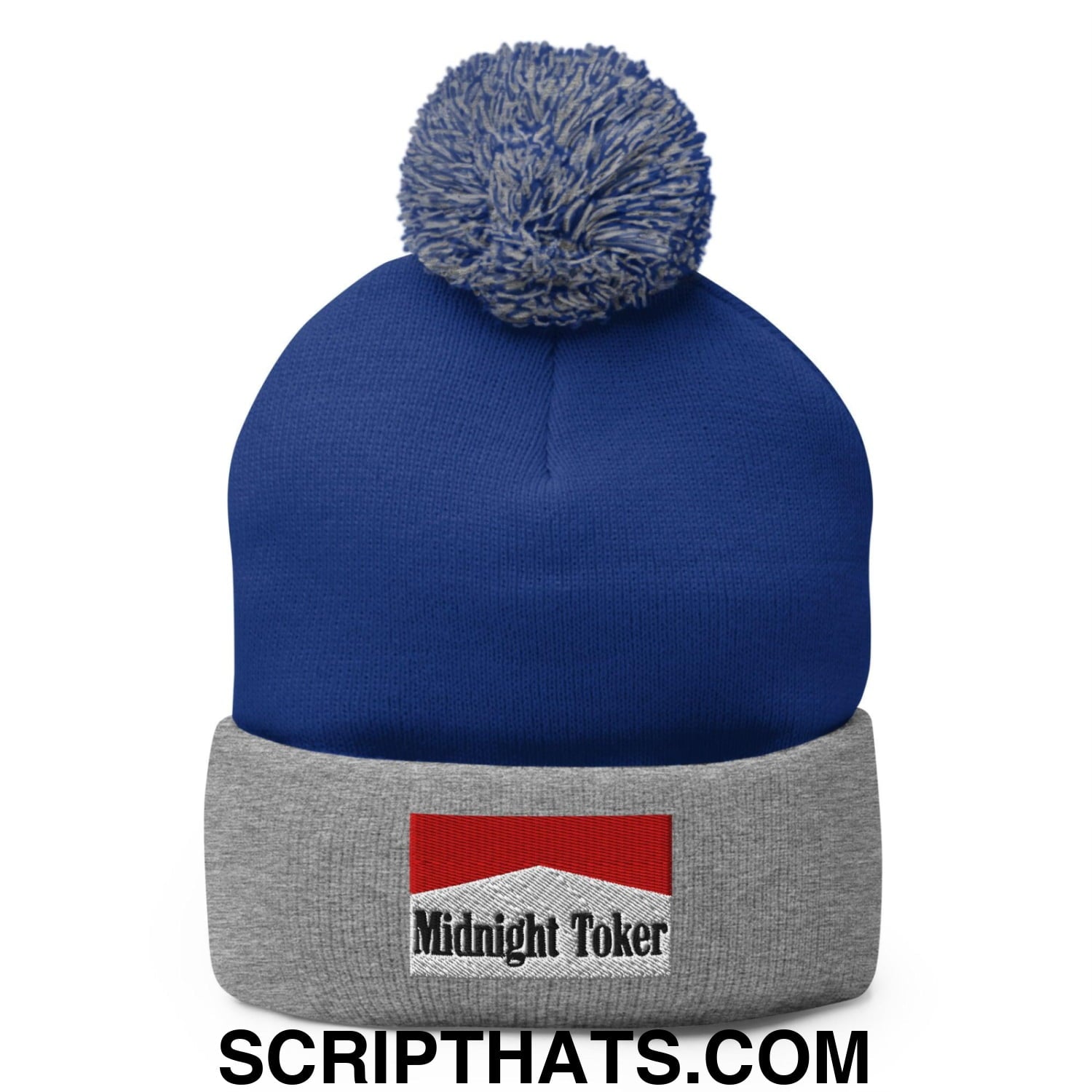 Midnight Toker Embroidered Knit Pom Pom Beanie Royal Heather Grey