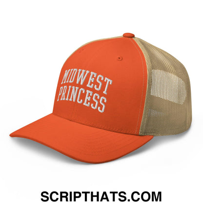 Midwest Princess Varsity Letterman Block Retro Trucker Hat Rustic Orange Khaki