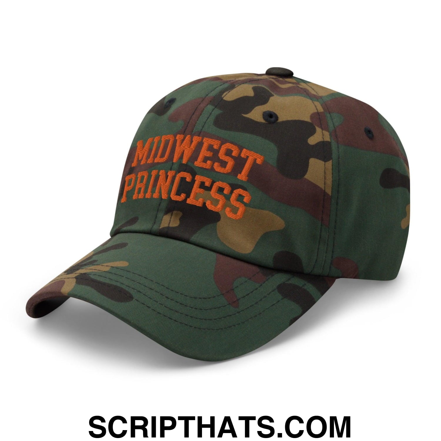 Midwest Princess Varsity Letterman Dad Hat Orange Green Camo