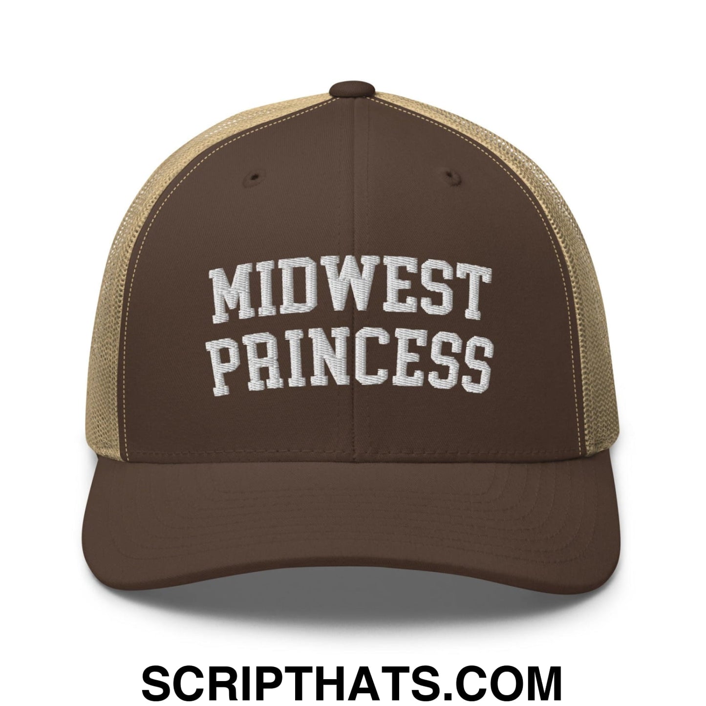 Midwest Princess Varsity Letterman Retro Trucker Hat Brown Khaki
