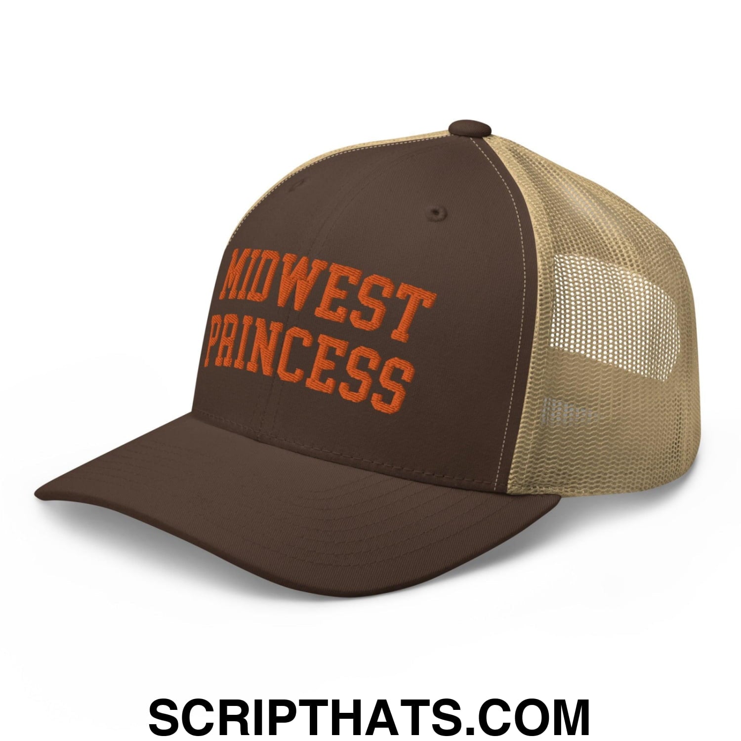 Midwest Princess Varsity Letterman Retro Trucker Hat Orange Brown Khaki
