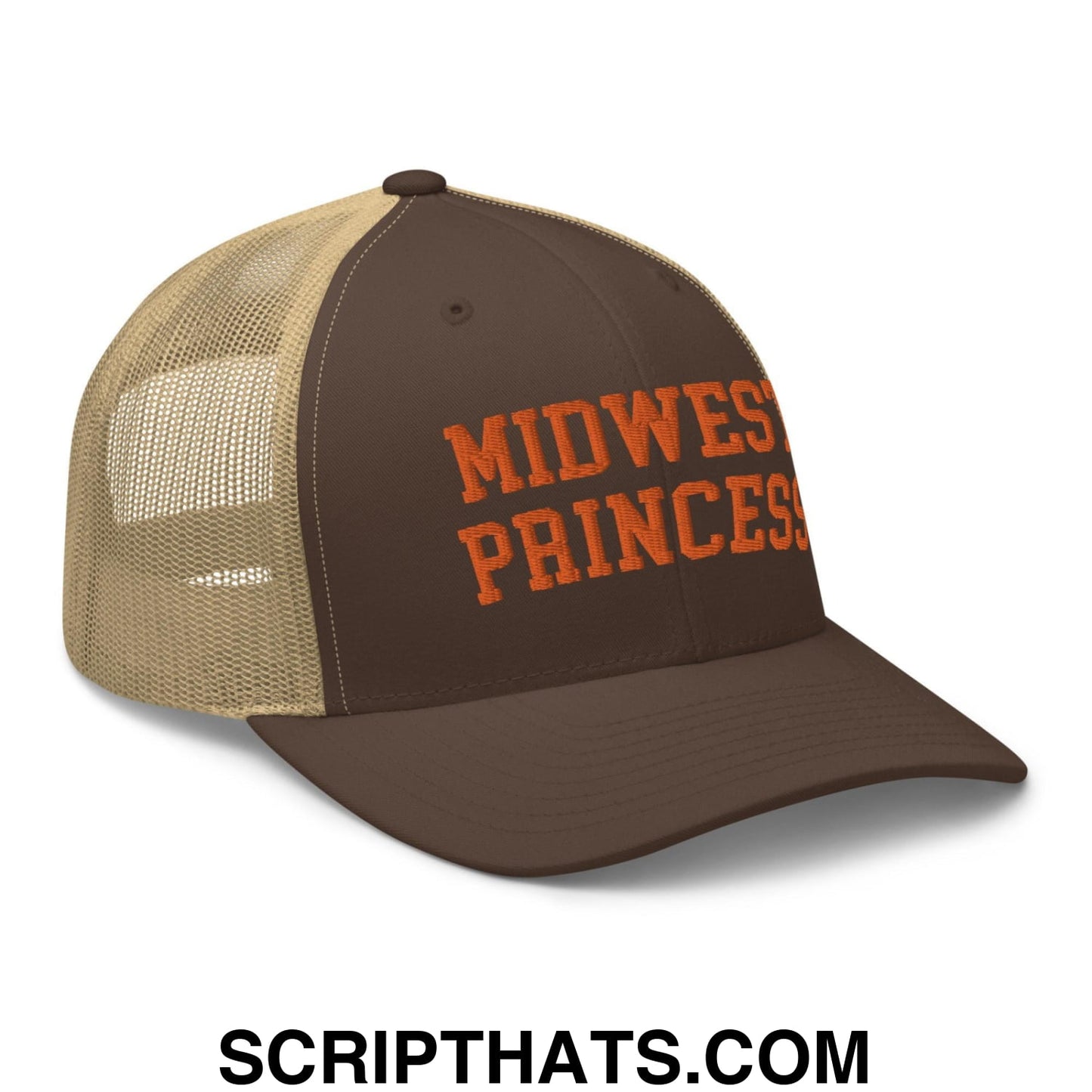 Midwest Princess Varsity Letterman Retro Trucker Hat Orange Brown Khaki