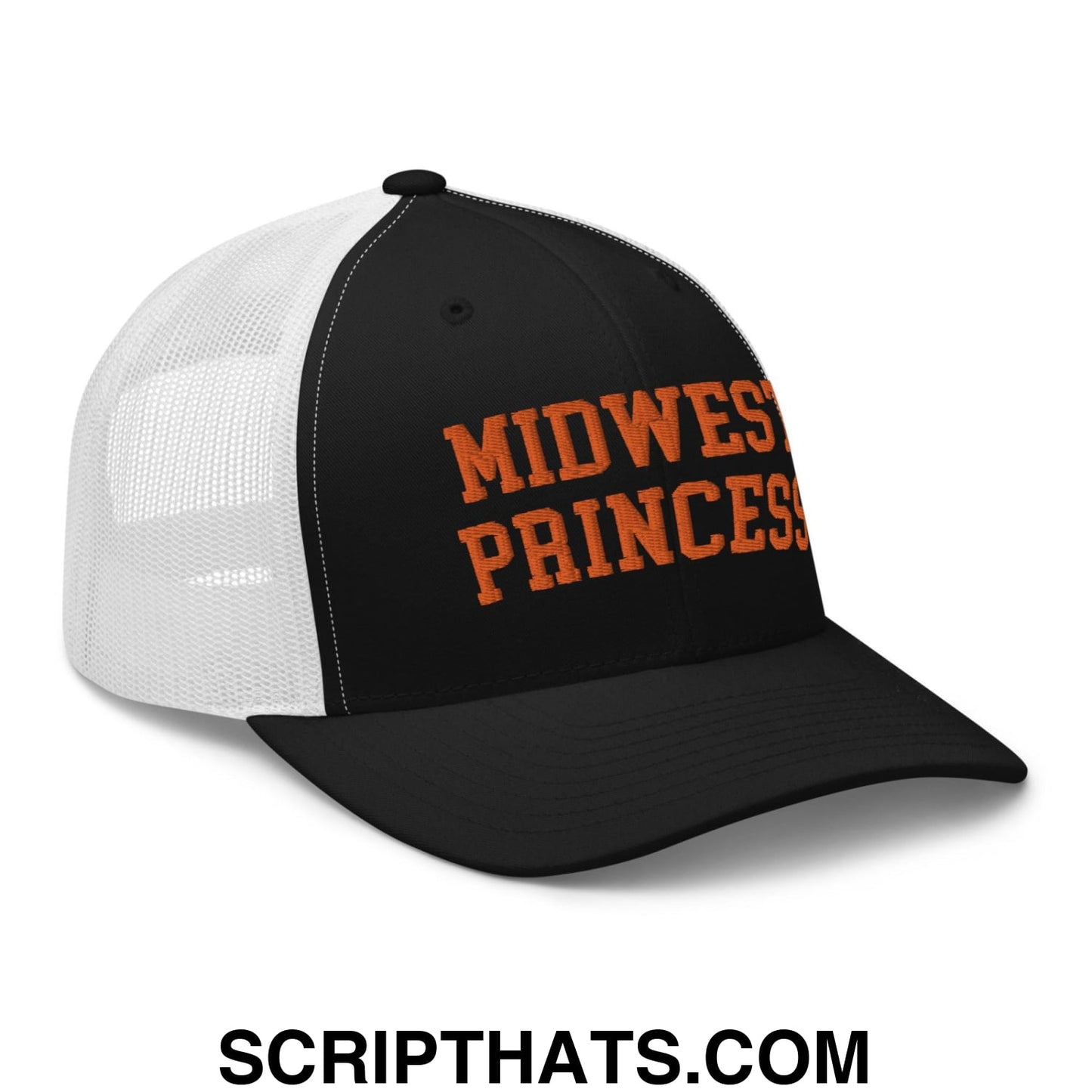 Midwest Princess Varsity Letterman Retro Trucker Hat Orange Black White