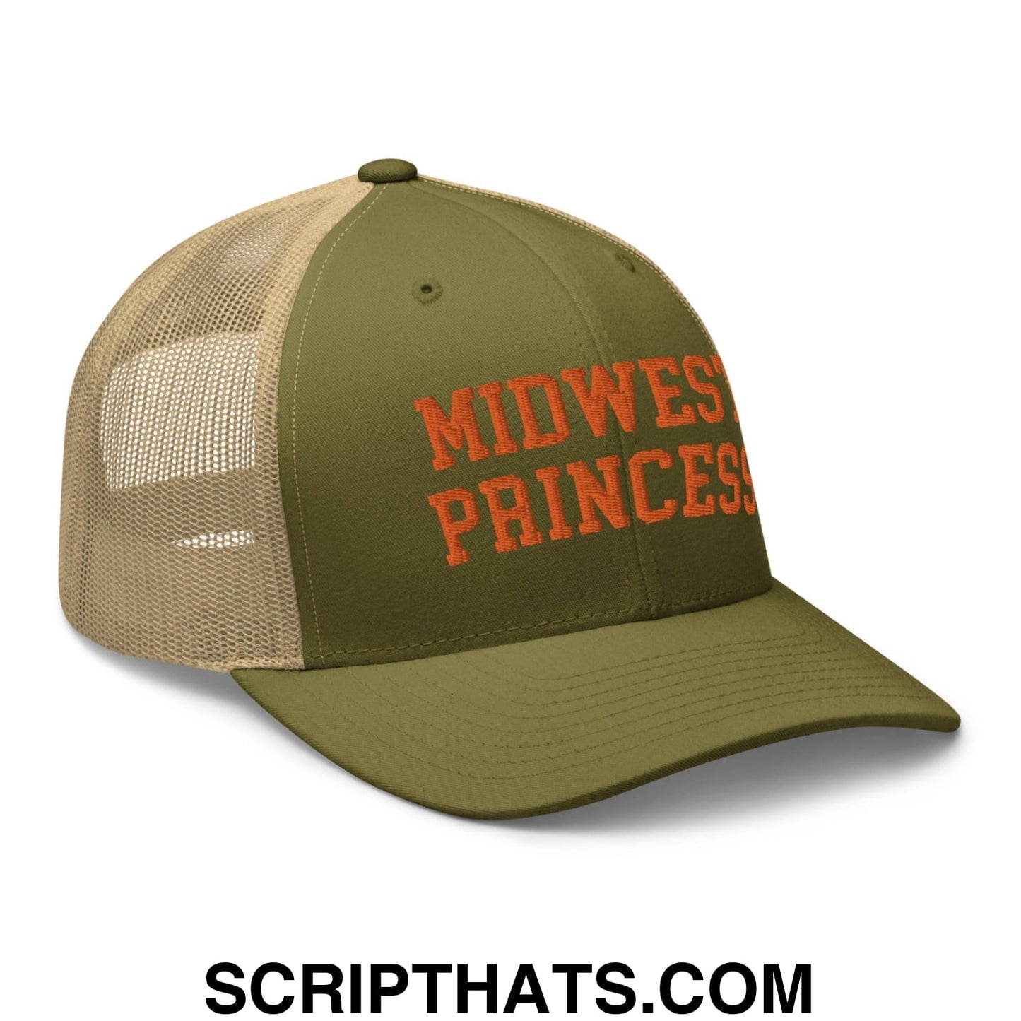 Midwest Princess Varsity Letterman Retro Trucker Hat Orange Moss Khaki