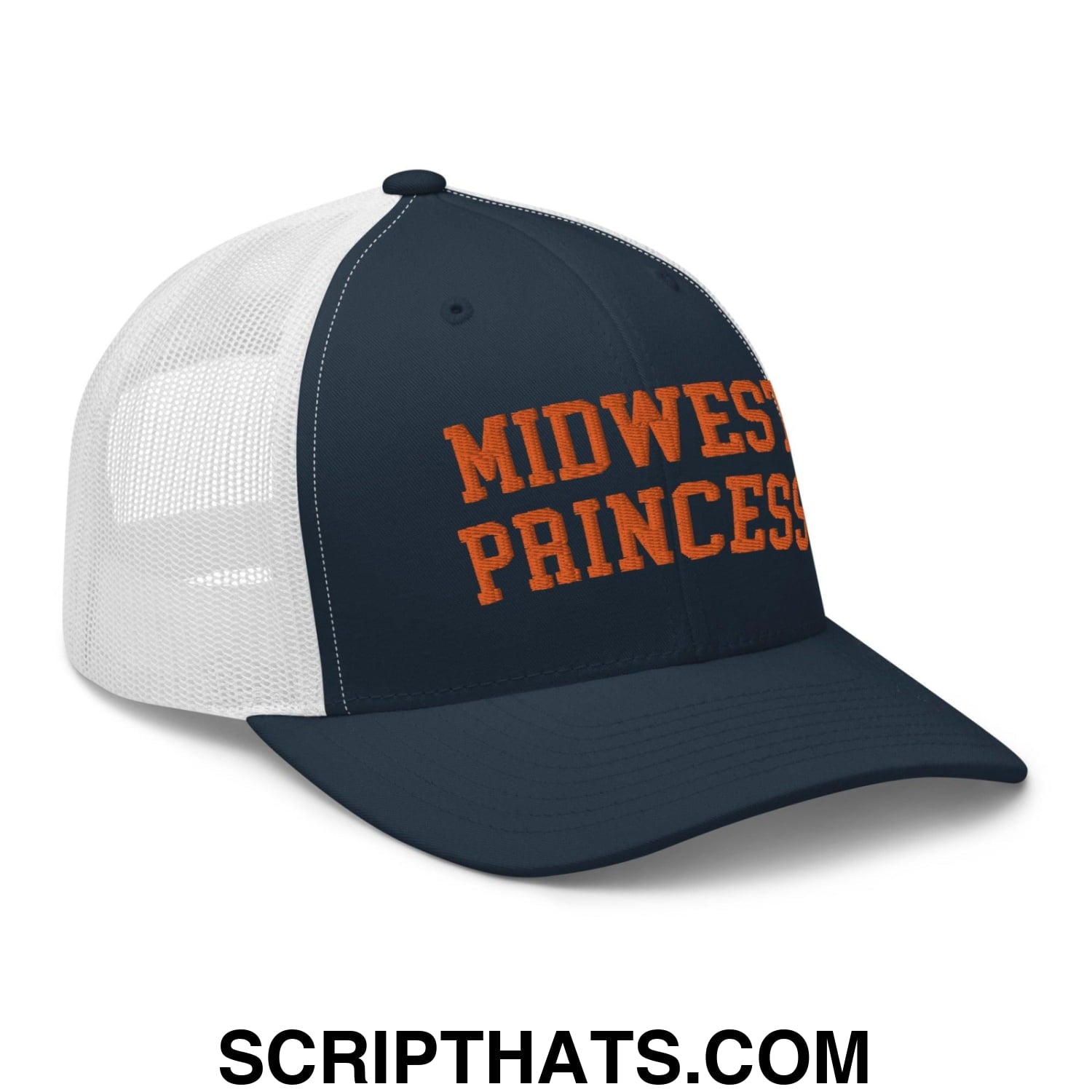 Midwest Princess Varsity Letterman Retro Trucker Hat Orange Navy White