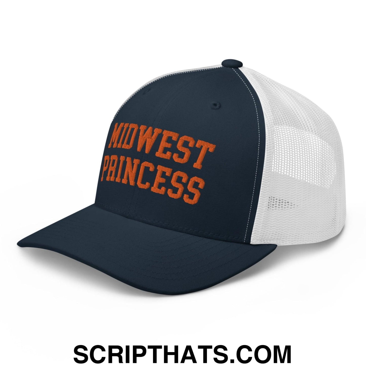 Midwest Princess Varsity Letterman Retro Trucker Hat Orange Navy White