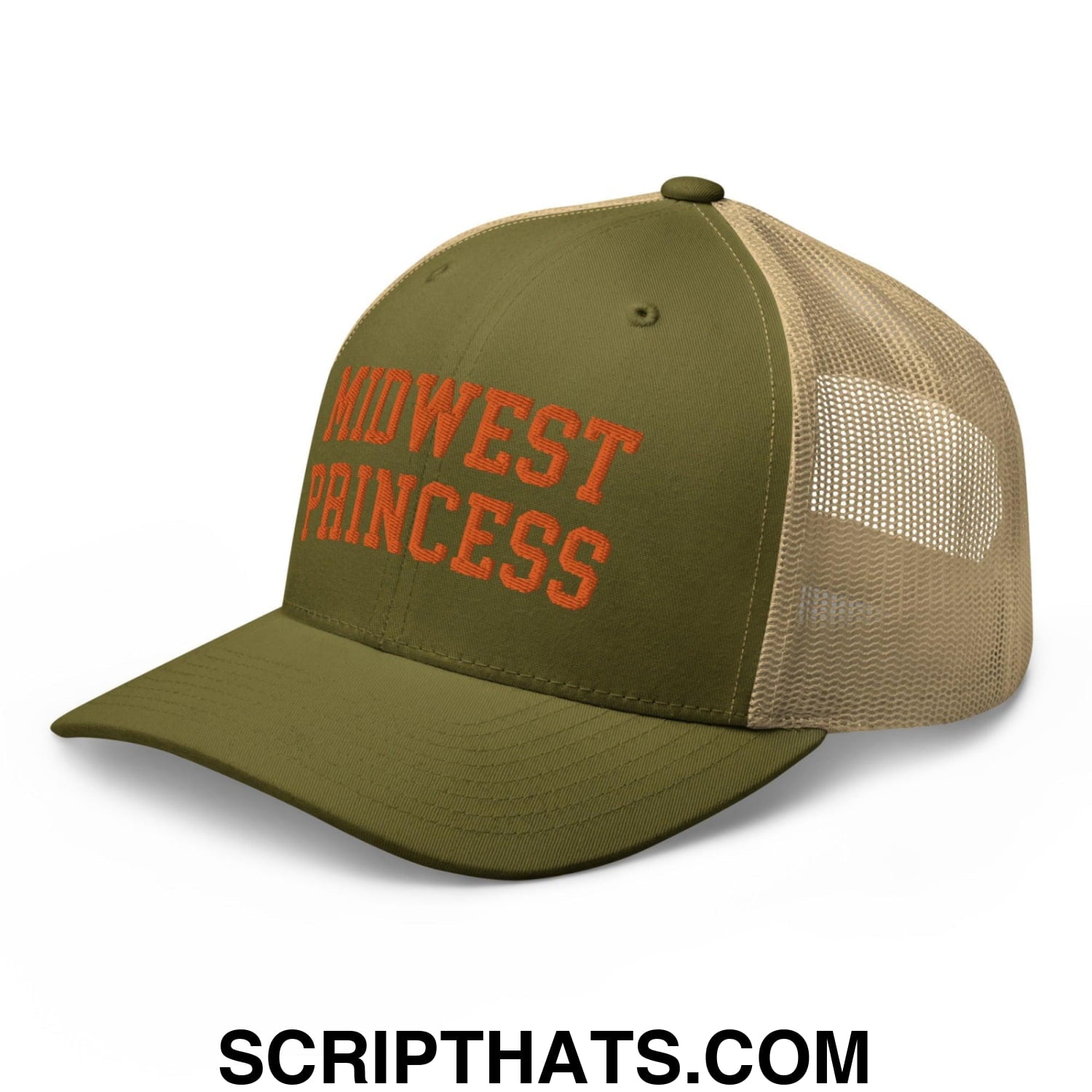 Midwest Princess Varsity Letterman Retro Trucker Hat Orange Moss Khaki