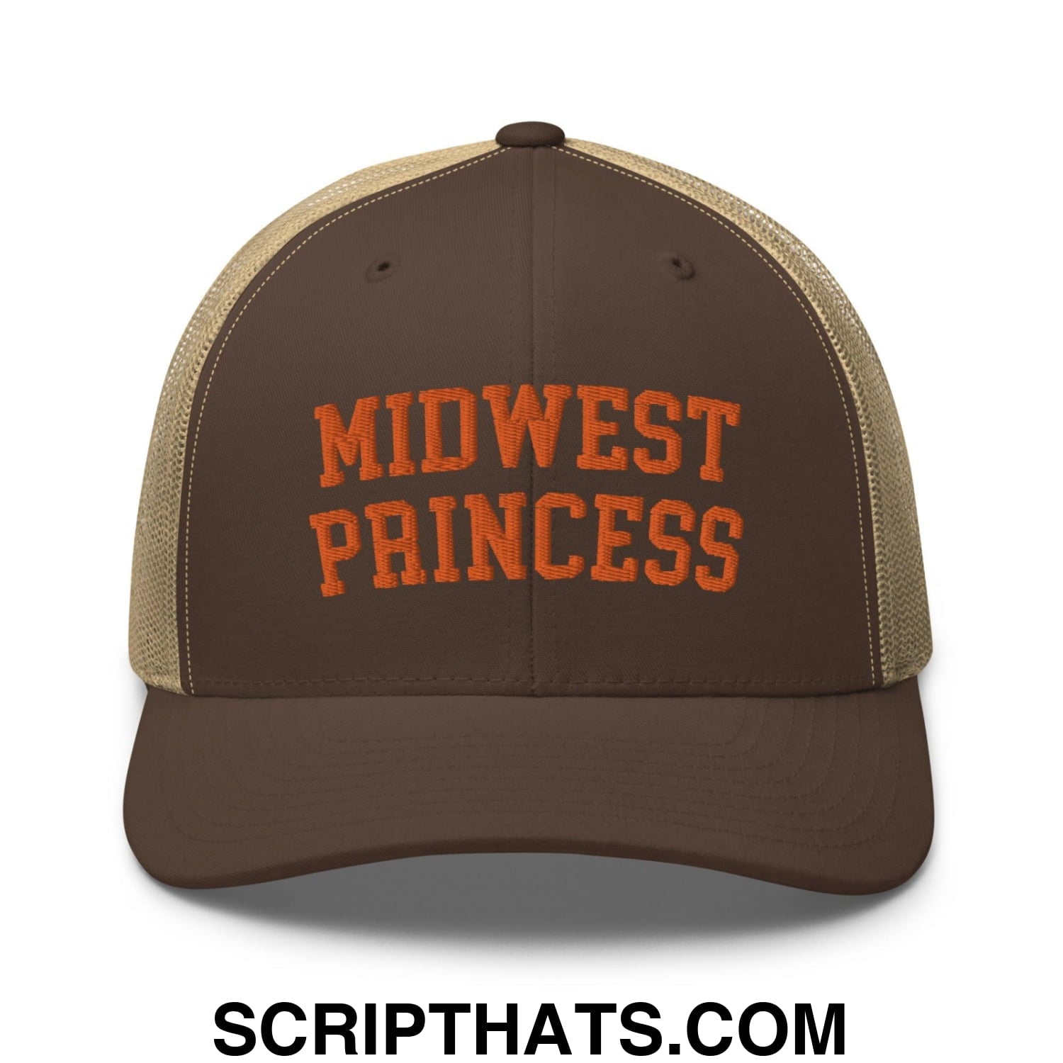 Midwest Princess Varsity Letterman Retro Trucker Hat Orange Brown Khaki