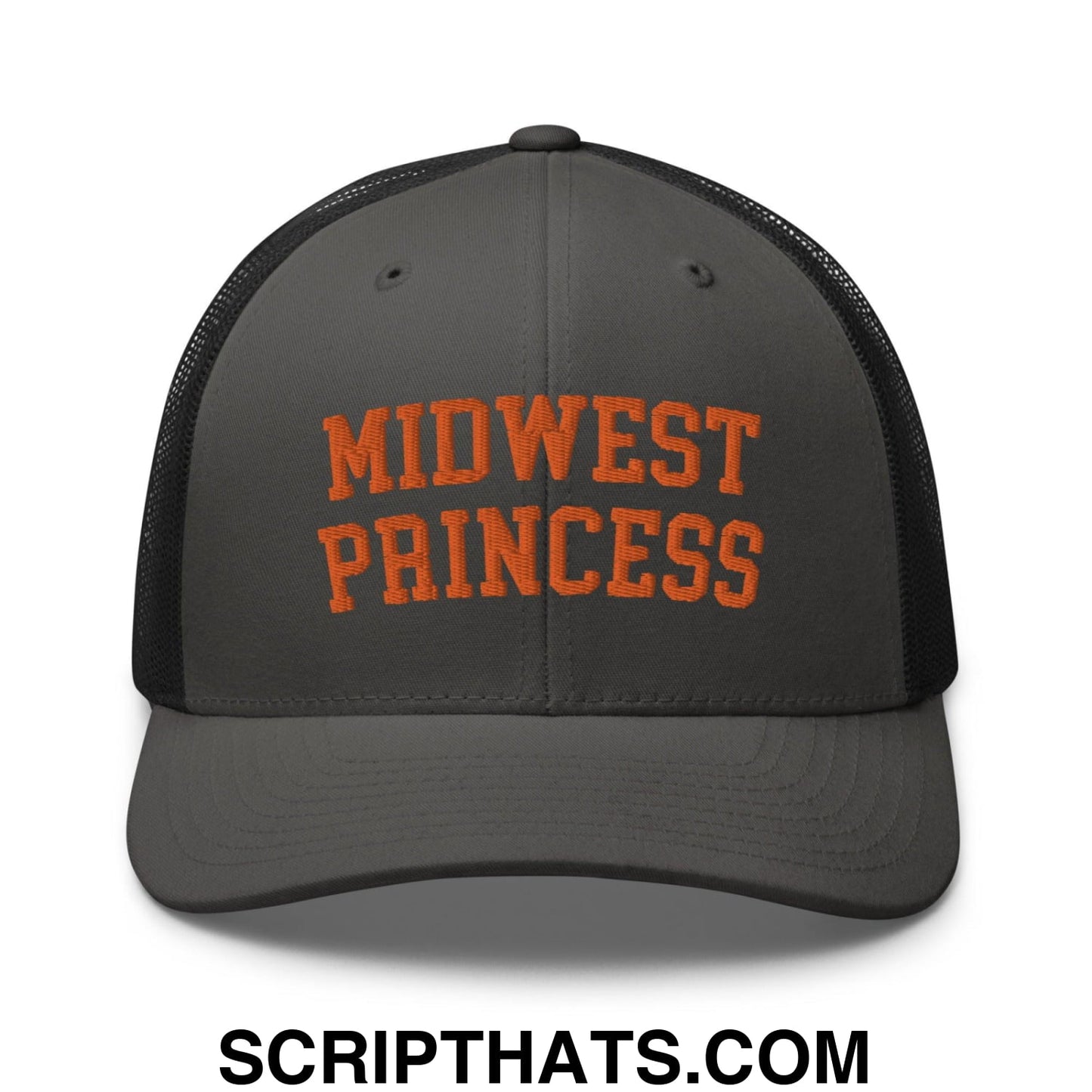 Midwest Princess Varsity Letterman Retro Trucker Hat Orange Charcoal Black