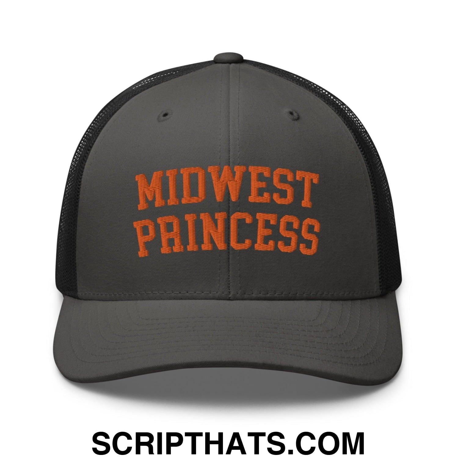Midwest Princess Varsity Letterman Retro Trucker Hat Orange Charcoal Black