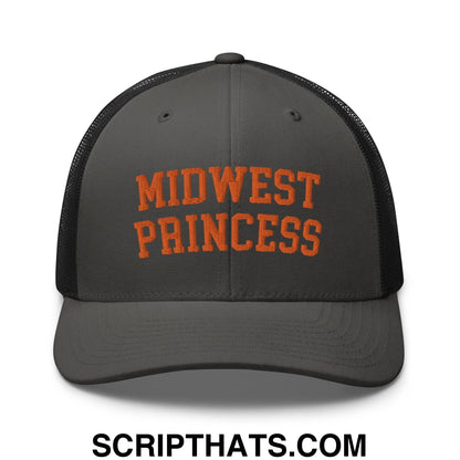 Midwest Princess Varsity Letterman Retro Trucker Hat Orange Charcoal Black