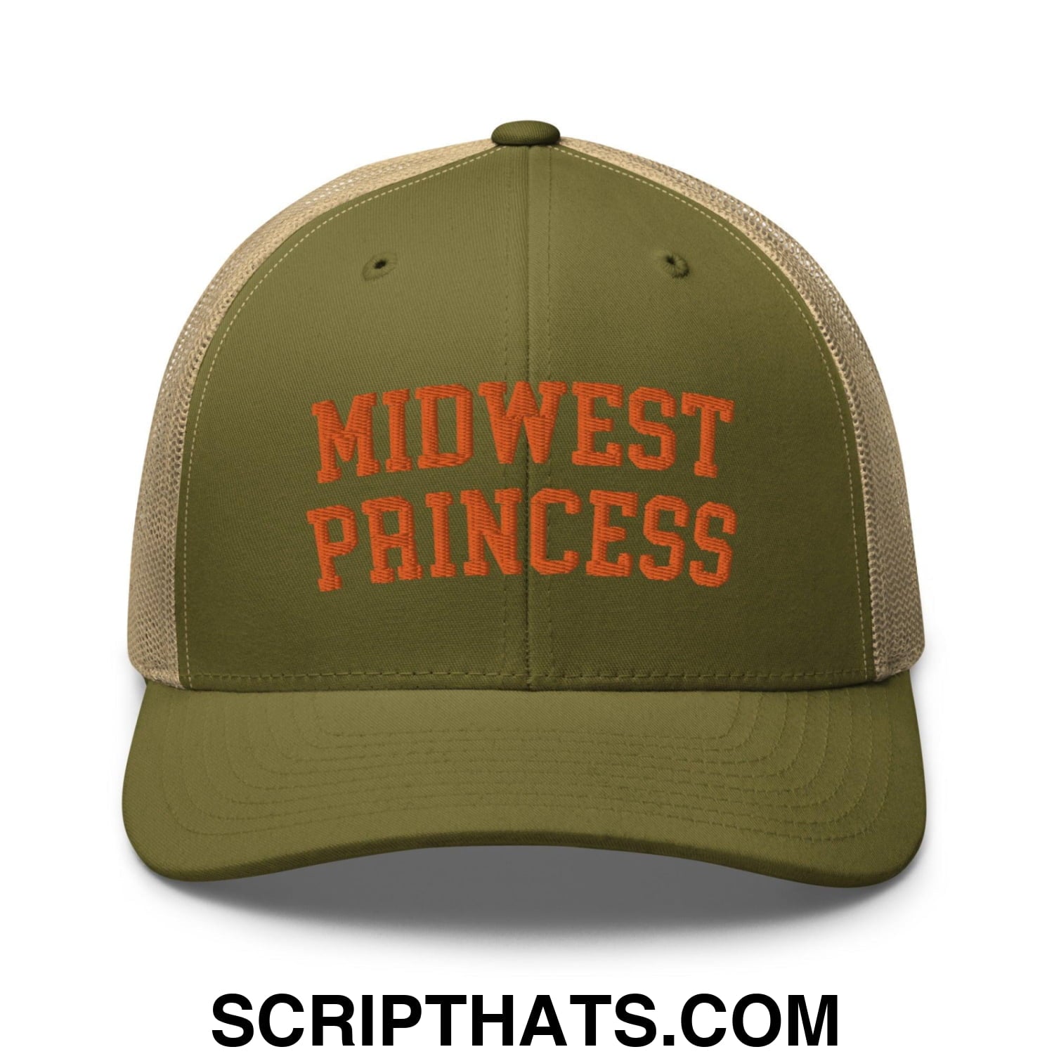 Midwest Princess Varsity Letterman Retro Trucker Hat Orange Moss Khaki
