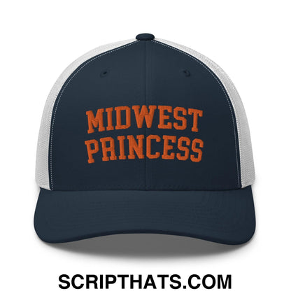 Midwest Princess Varsity Letterman Retro Trucker Hat Orange Navy White