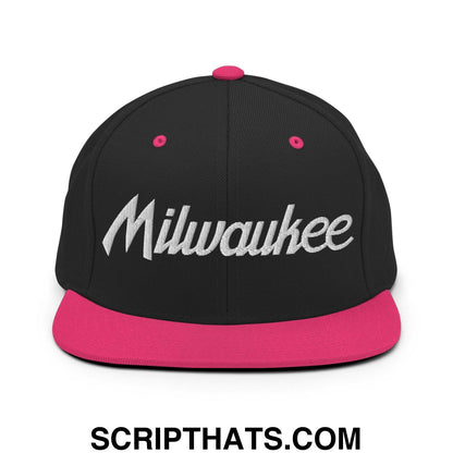 Milwaukee Script Snapback Hat Black Neon Pink