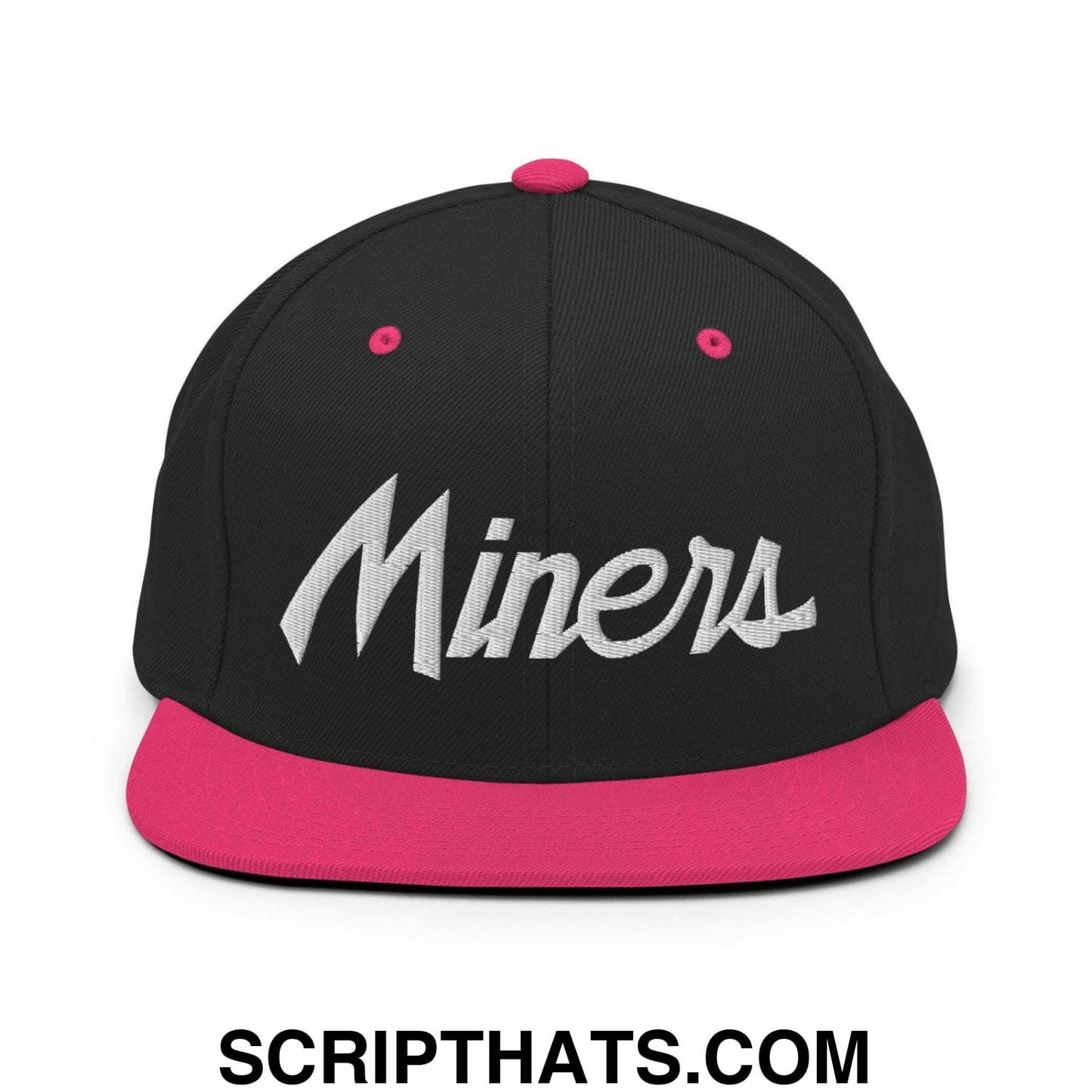 Miners School Mascot Script Snapback Hat Black Neon Pink