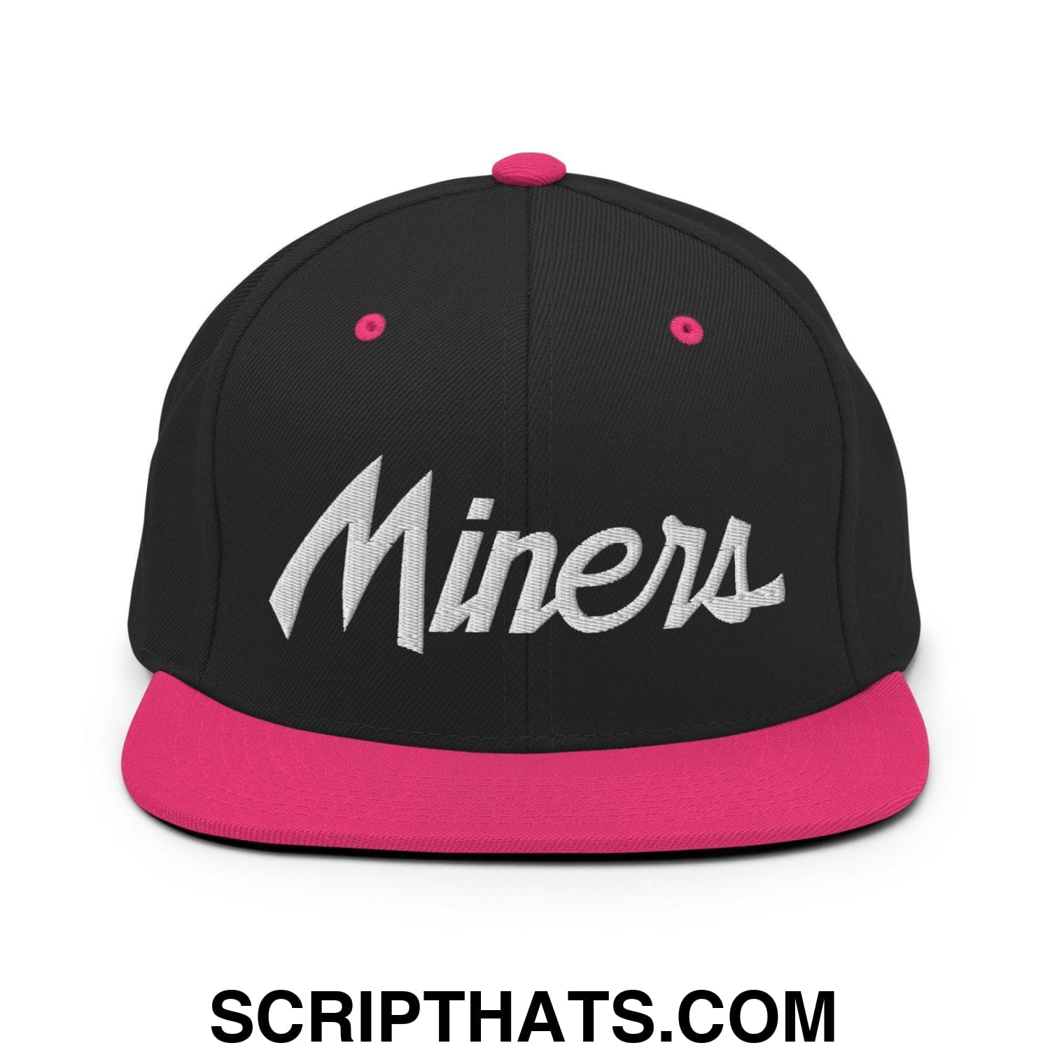 Miners School Mascot Script Snapback Hat Black Neon Pink