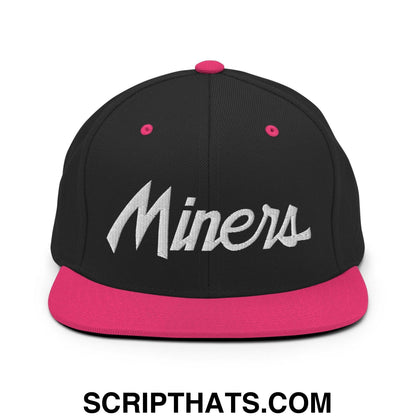 Miners School Mascot Script Snapback Hat Black Neon Pink