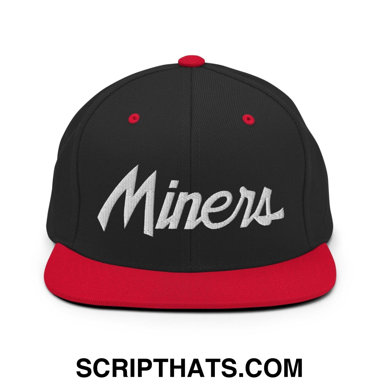 Miners School Mascot Script Snapback Hat Black Red