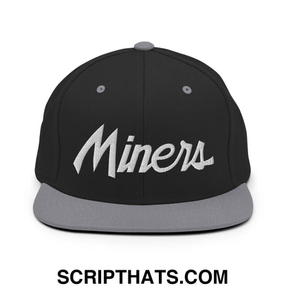 Miners School Mascot Script Snapback Hat Black Silver