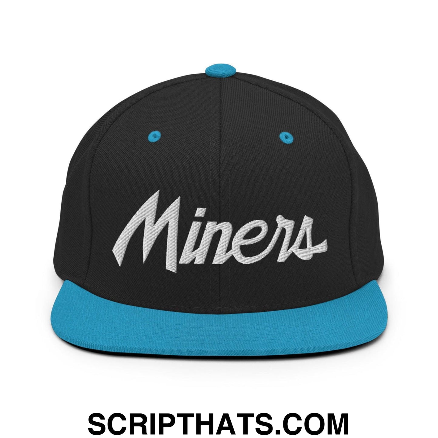 Miners School Mascot Script Snapback Hat Black Teal