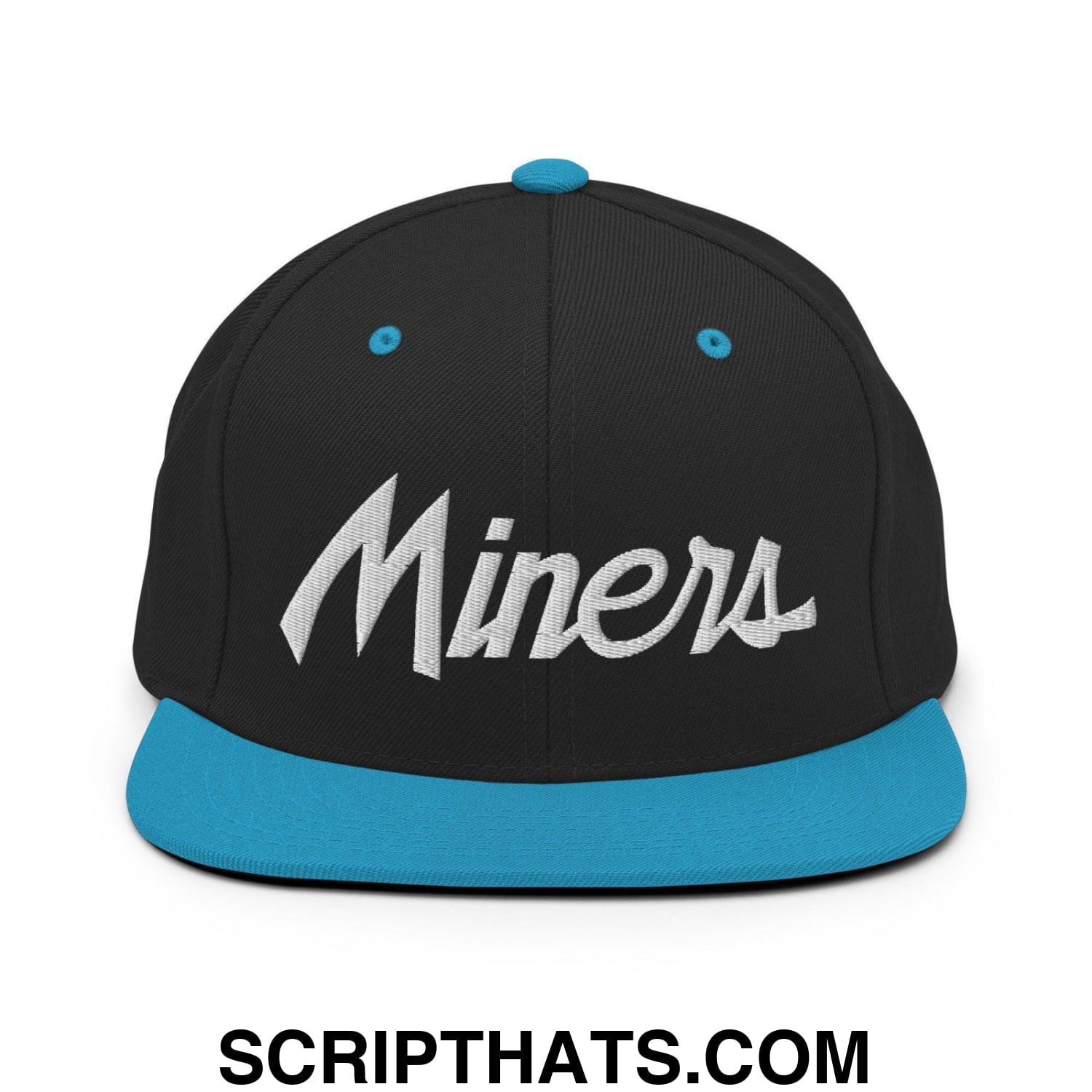 Miners School Mascot Script Snapback Hat Black Teal