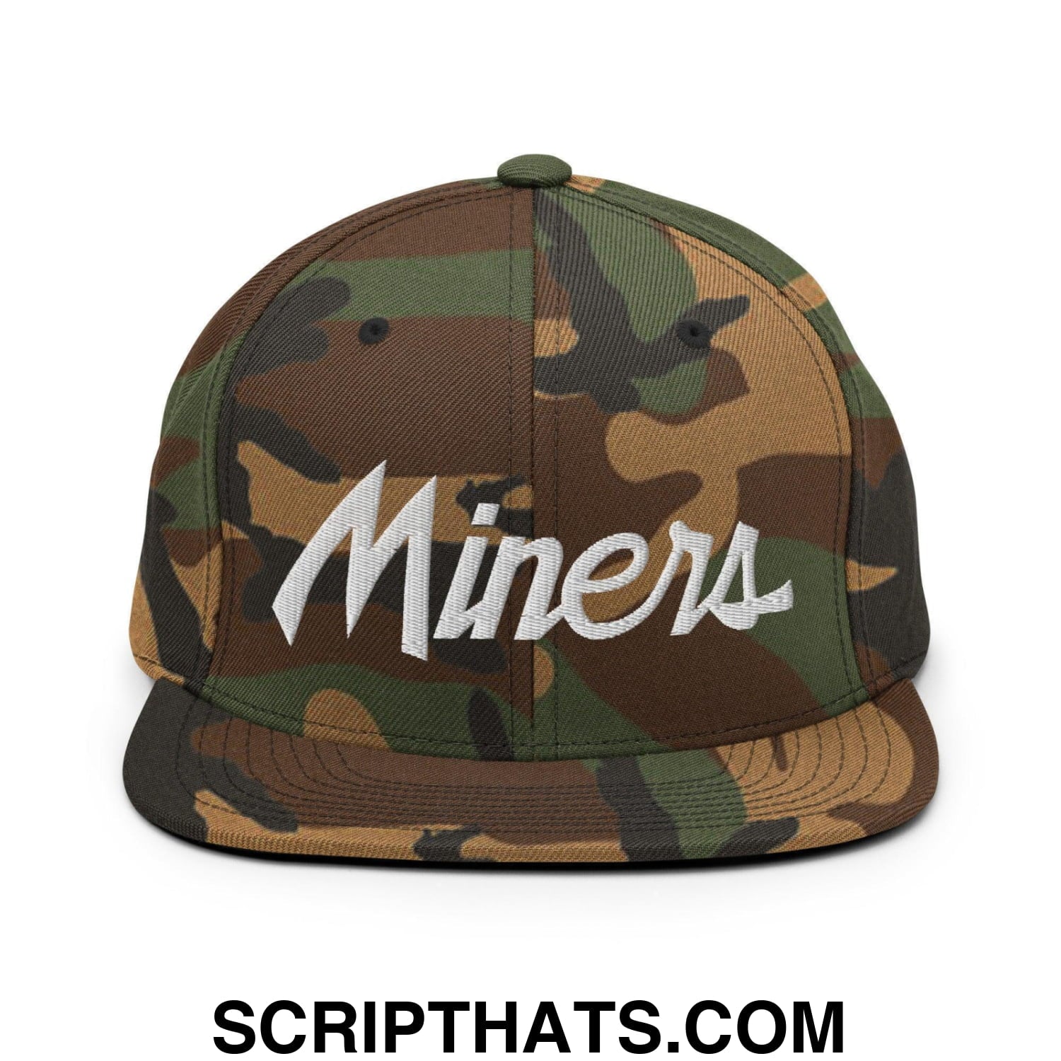Miners School Mascot Script Snapback Hat Green Camo
