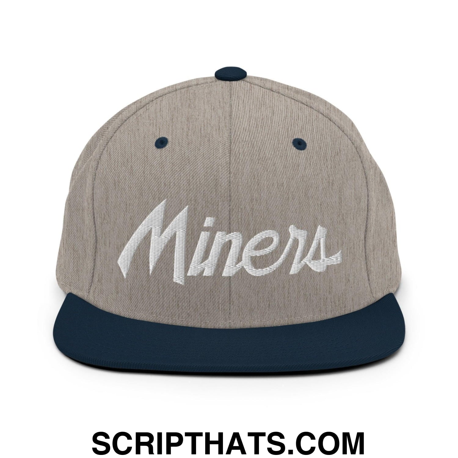 Miners School Mascot Script Snapback Hat Heather Grey Navy